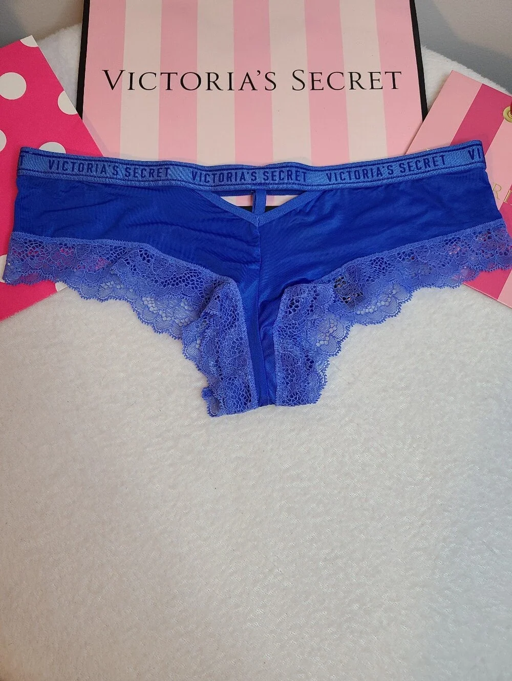 Retired Victoria's Secret Silky Satin Lace Logo Band Cut-out Cheeky Panty Sz M